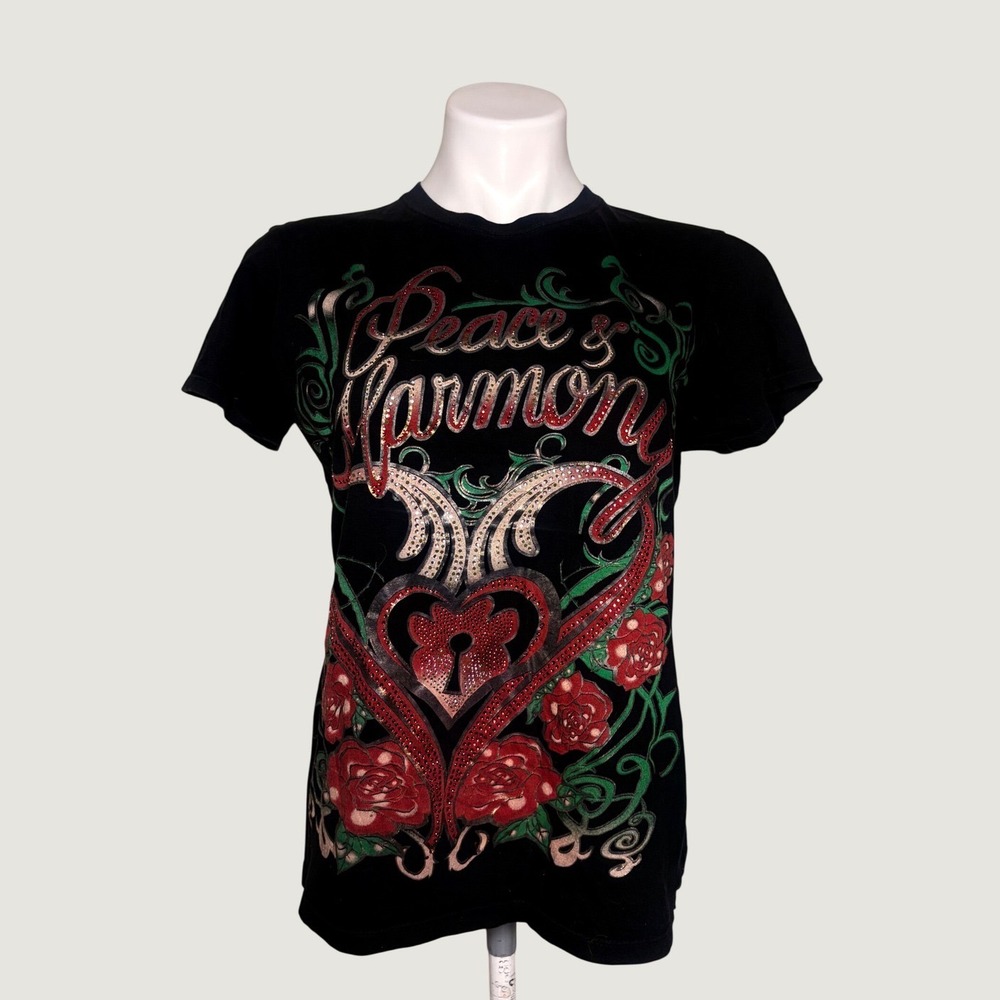 Y2K Xzavier Graphic Tee Peace & Harmony Rhinestone Heart Roses #15